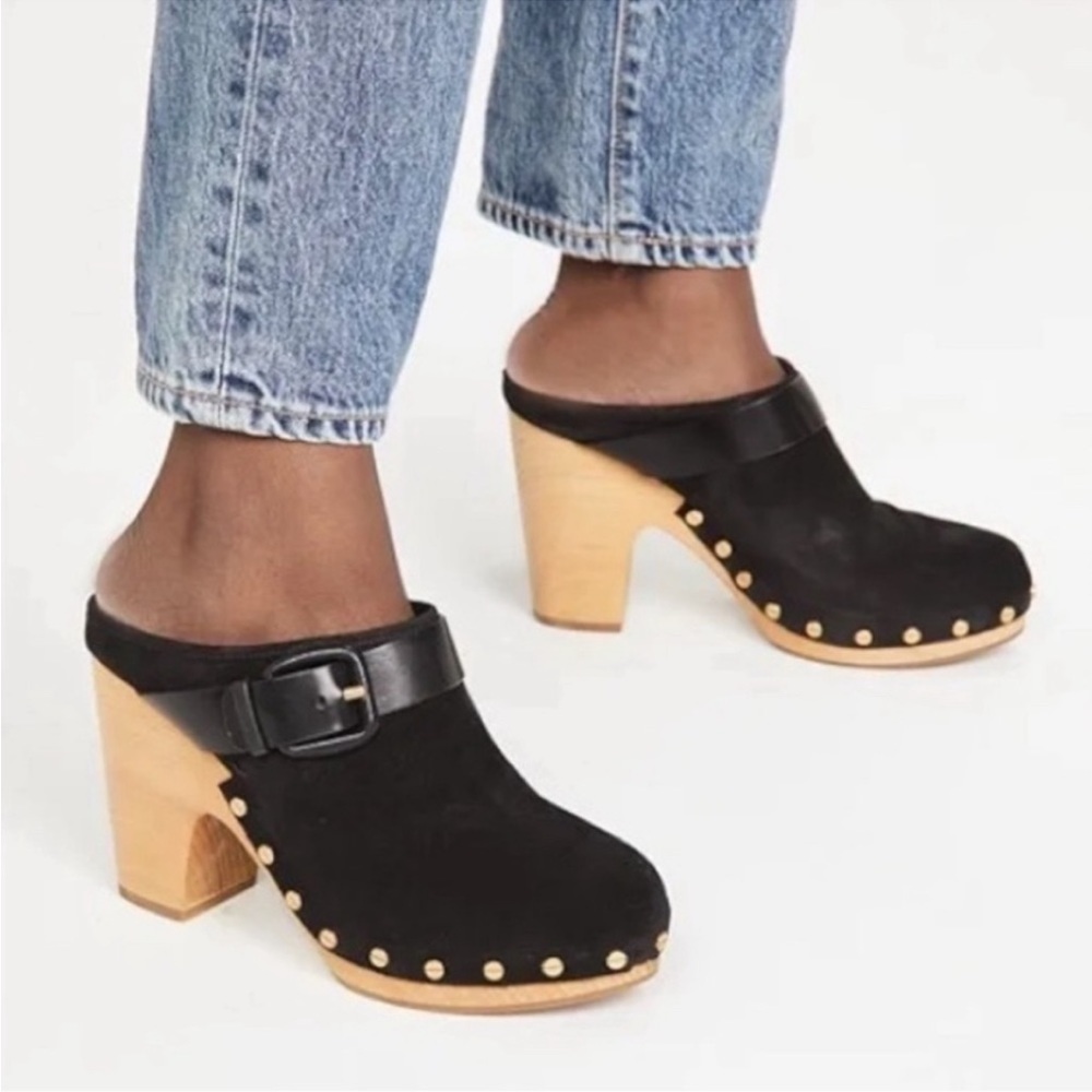 VERONICA BEARD Dacey Suede Wooden Heeled Mules Black Size 10.5 NEW